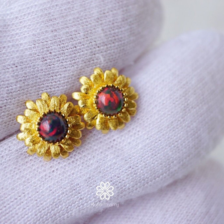 Black Opal Flower Earrings | 925 Sterling Silver, Gold Plated