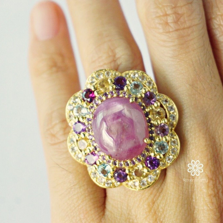 Radiant Ruby and Gemstone Ring (Sterling Silver Gold Plated)