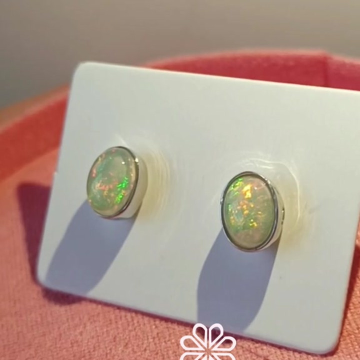 Genuine Opal Stud Earrings | 925 Sterling Silver, White Gold