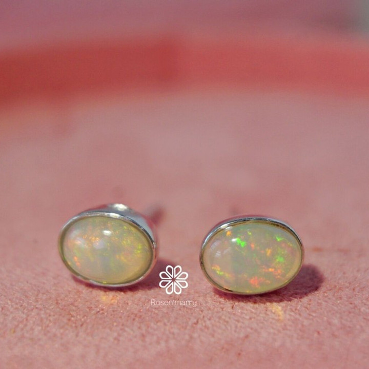 Genuine Opal Stud Earrings | 925 Sterling Silver, White Gold