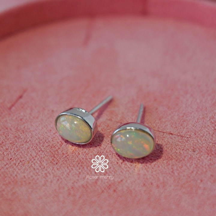 Genuine Opal Stud Earrings | 925 Sterling Silver, White Gold