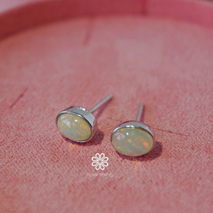 Genuine Opal Stud Earrings | 925 Sterling Silver, White Gold