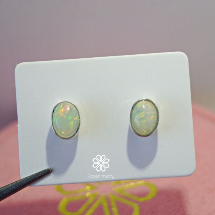 Genuine Opal Stud Earrings | 925 Sterling Silver, White Gold