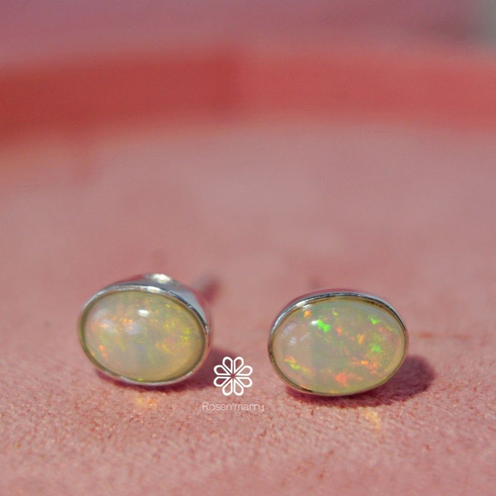 Genuine Opal Stud Earrings | 925 Sterling Silver, White Gold