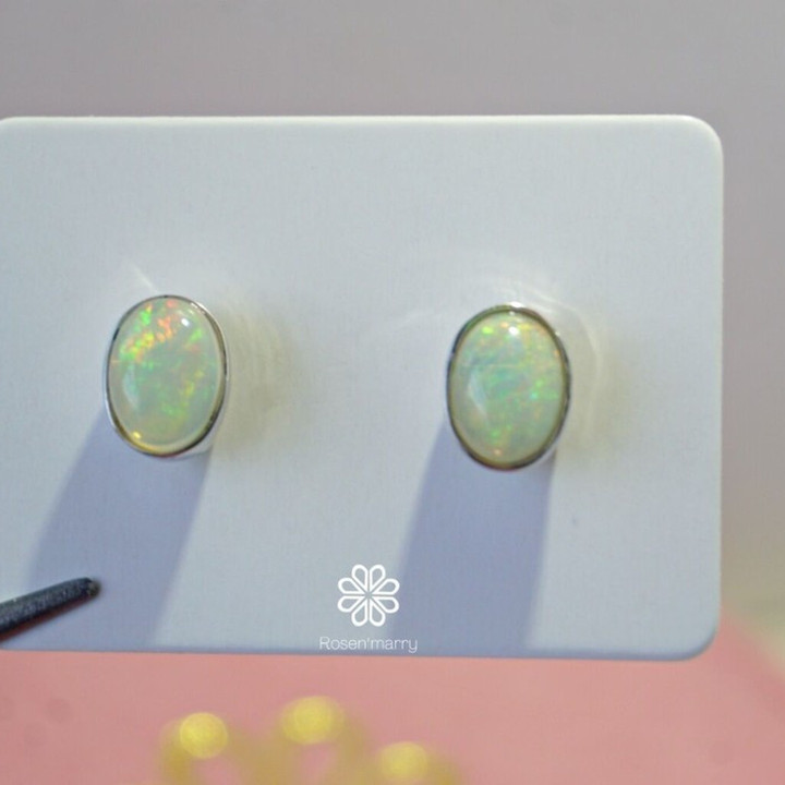 Genuine Opal Stud Earrings | 925 Sterling Silver, White Gold