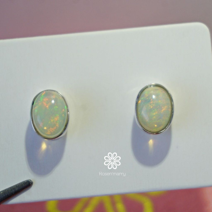 Genuine Opal Stud Earrings | 925 Sterling Silver, White Gold