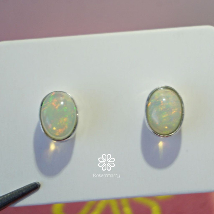 Genuine Opal Stud Earrings | 925 Sterling Silver, White Gold