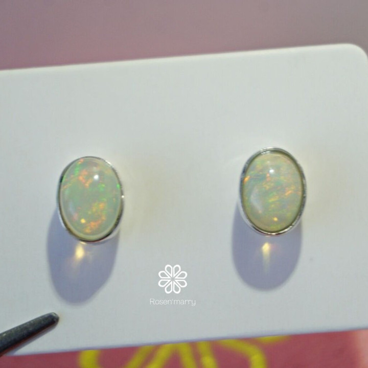 Genuine Opal Stud Earrings | 925 Sterling Silver, White Gold