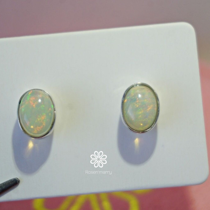 Genuine Opal Stud Earrings | 925 Sterling Silver, White Gold