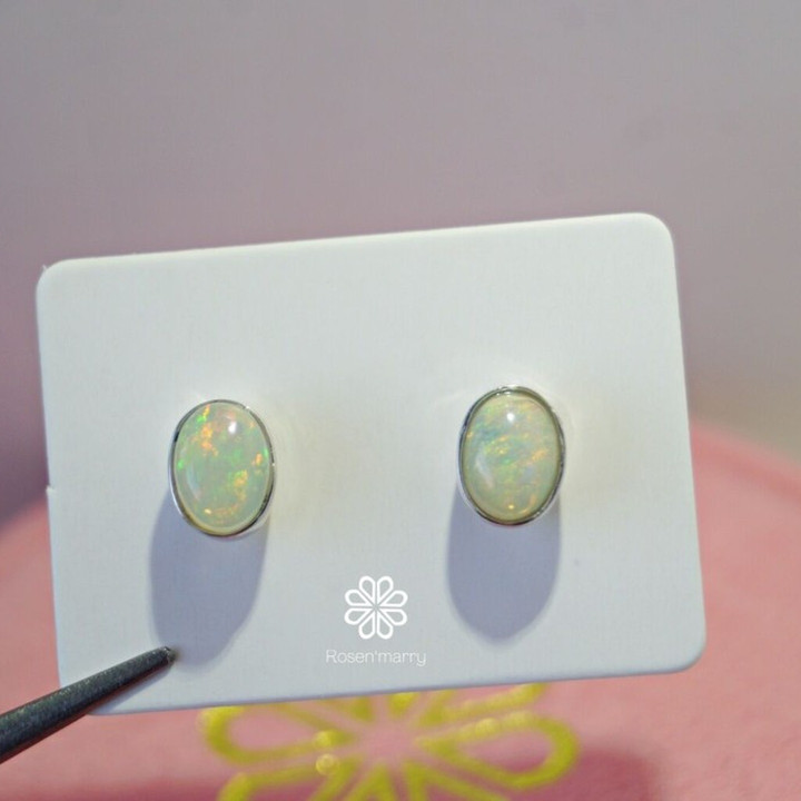 Genuine Opal Stud Earrings | 925 Sterling Silver, White Gold