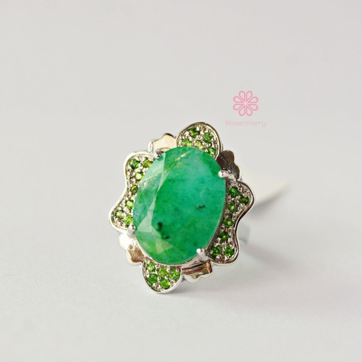 9ct Emerald Ring | Sterling Silver and White Gold Plating | Size 55