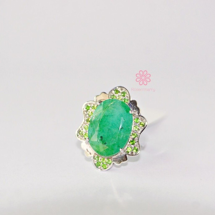 9ct Emerald Ring | Sterling Silver and White Gold Plating | Size 55
