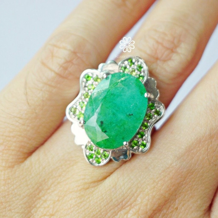 9ct Emerald Ring | Sterling Silver and White Gold Plating | Size 55