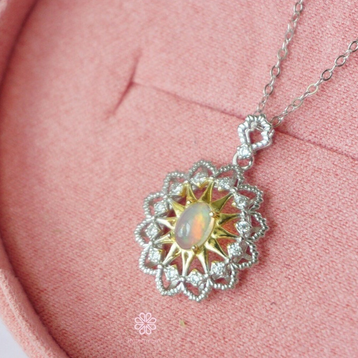 Genuine Opal and Pink Gold Necklace - Sterling Silver RN061
