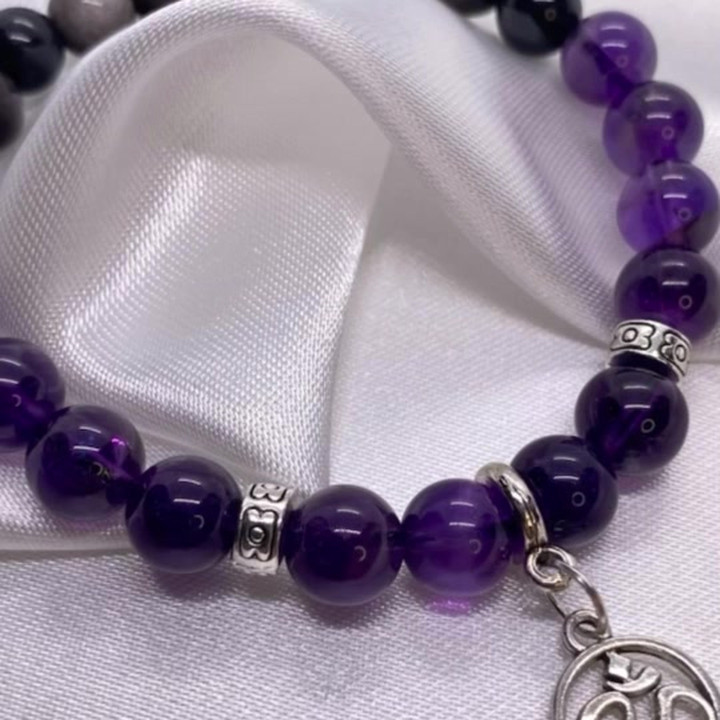 Amethyst and Obsidian Silver Bracelet - Blessed Round Om Charm