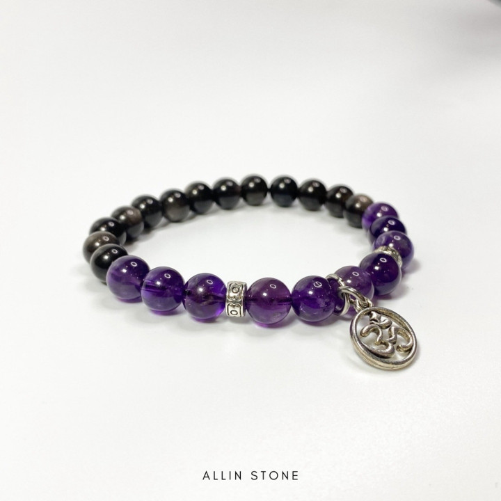 Amethyst and Obsidian Silver Bracelet - Blessed Round Om Charm