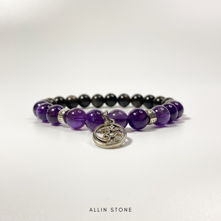 Amethyst and Obsidian Silver Bracelet - Blessed Round Om Charm
