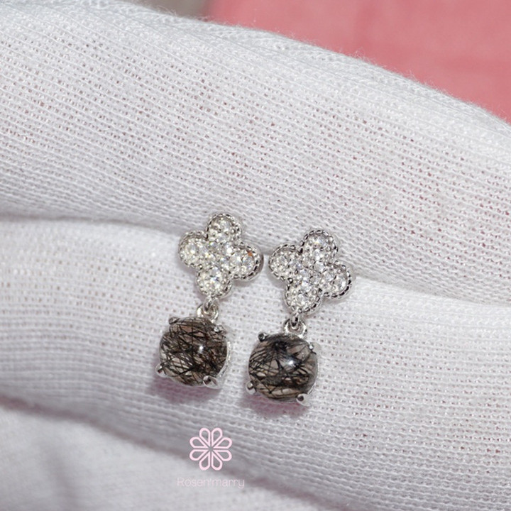Boucles d'oreilles pendantes en quartz rutile noir | Argent sterling | Porte-bonheur