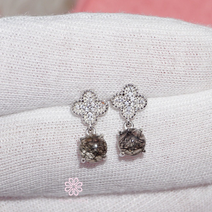 Boucles d'oreilles pendantes en quartz rutile noir | Argent sterling | Porte-bonheur