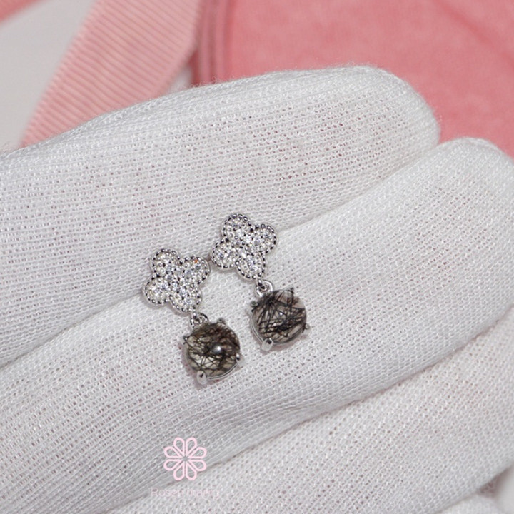 Boucles d'oreilles pendantes en quartz rutile noir | Argent sterling | Porte-bonheur