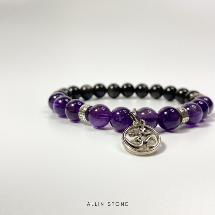 Amethyst and Obsidian Silver Bracelet - Blessed Round Om Charm