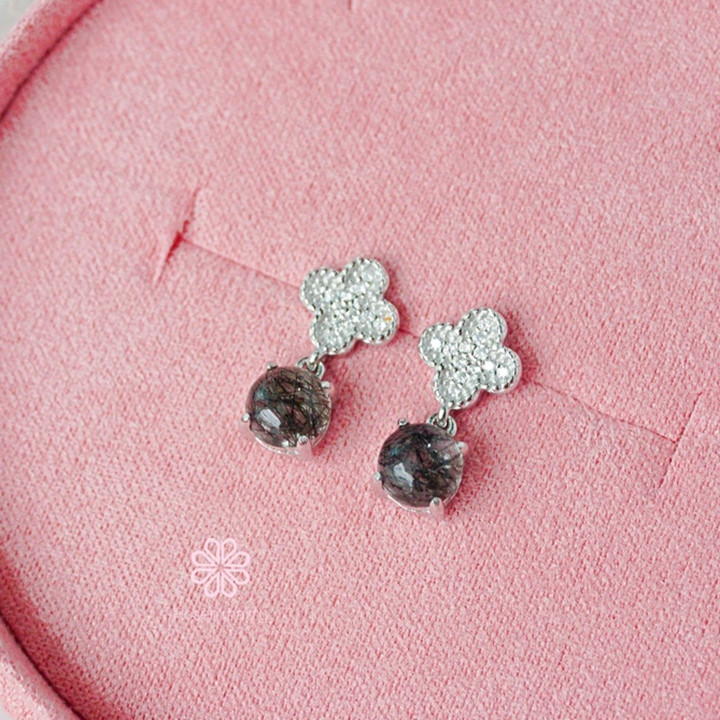 Boucles d'oreilles pendantes en quartz rutile noir | Argent sterling | Porte-bonheur