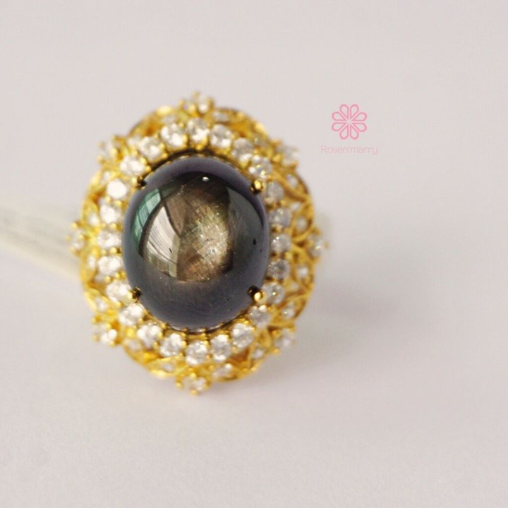 Ring mit schwarzem Sternsaphir | 18 Karat vergoldetes Sterlingsilber | Größe 55