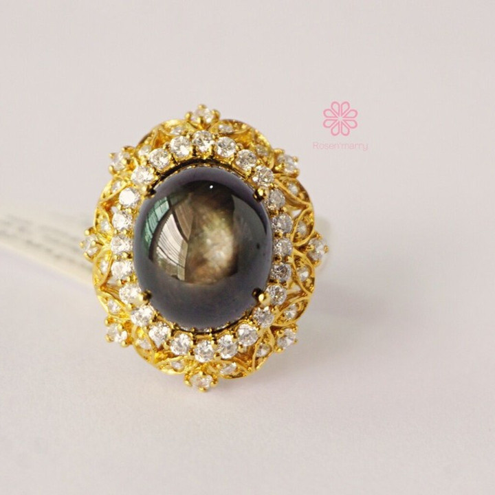 Ring mit schwarzem Sternsaphir | 18 Karat vergoldetes Sterlingsilber | Größe 55