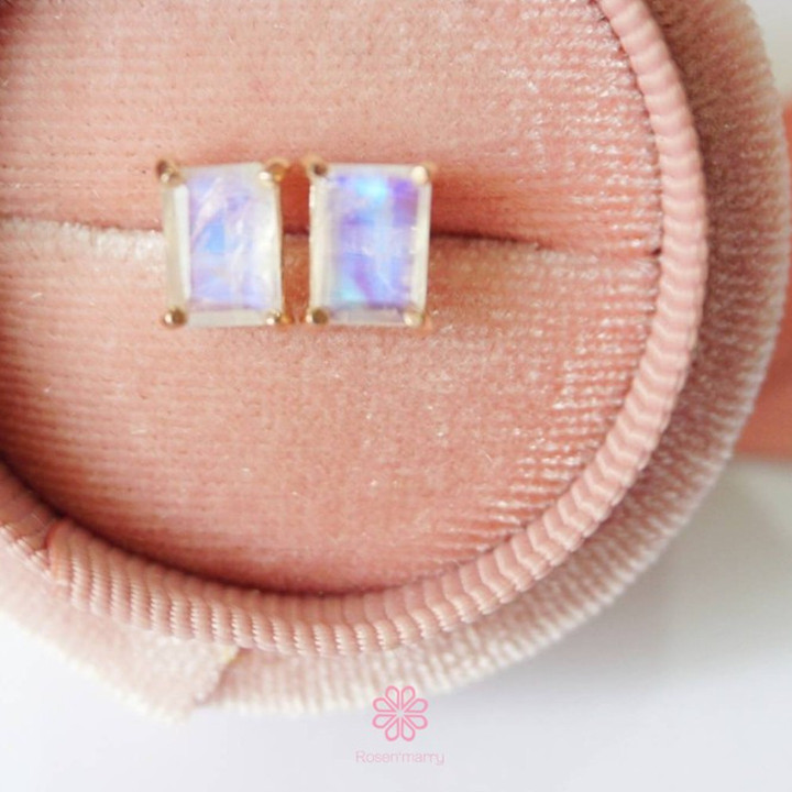Moonstone Earrings | Square Cut, Sterling Silver and Pink Gold