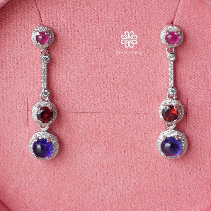 Sapphire, Ruby and Garnet Dangle Earrings in Sterling Silver