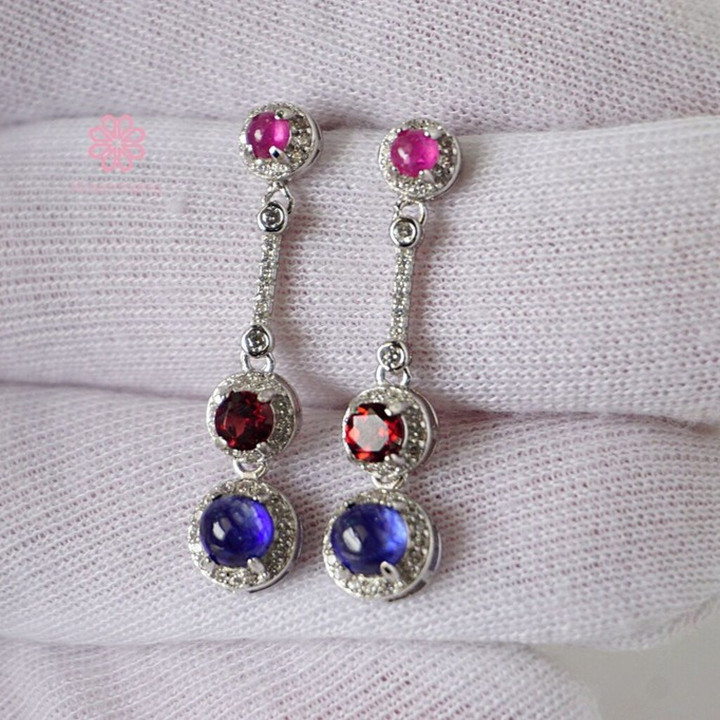 Sapphire, Ruby and Garnet Dangle Earrings in Sterling Silver