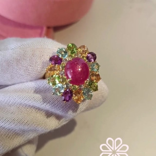 Radiant Ruby and Gemstone Ring (925 Silver, Gold Plated)