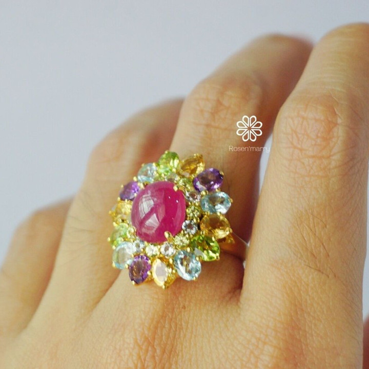 Radiant Ruby and Gemstone Ring (925 Silver, Gold Plated)