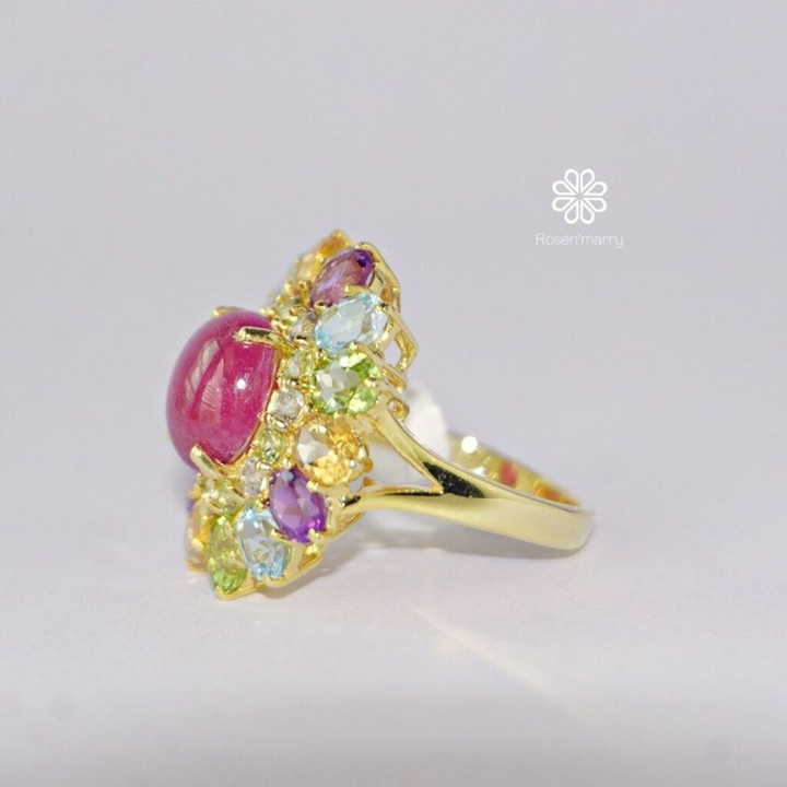Radiant Ruby and Gemstone Ring (925 Silver, Gold Plated)