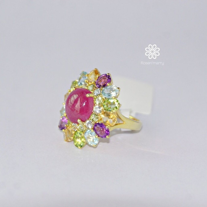 Radiant Ruby and Gemstone Ring (925 Silver, Gold Plated)