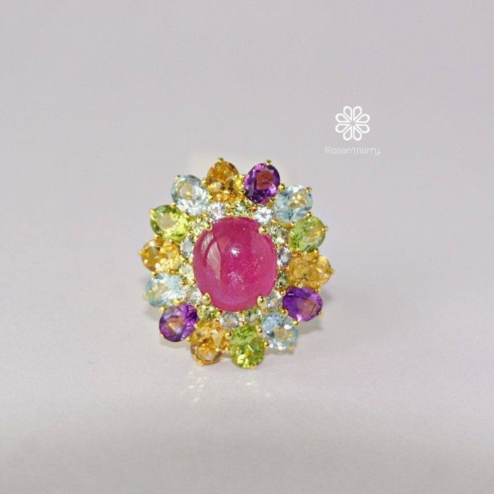 Radiant Ruby and Gemstone Ring (925 Silver, Gold Plated)