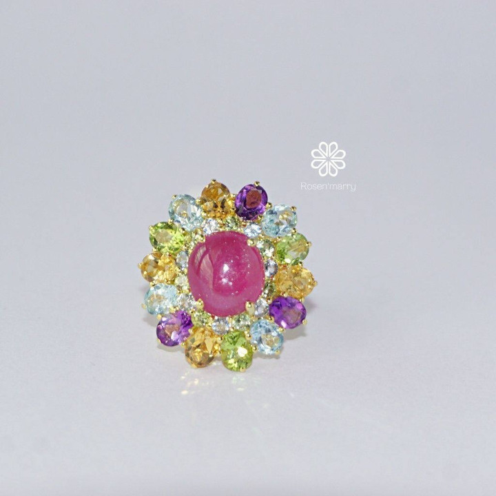 Radiant Ruby and Gemstone Ring (925 Silver, Gold Plated)