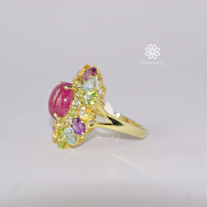 Radiant Ruby and Gemstone Ring (925 Silver, Gold Plated)