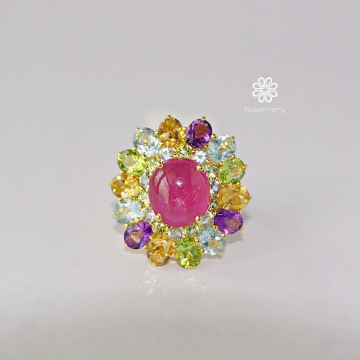 Radiant Ruby and Gemstone Ring (925 Silver, Gold Plated)