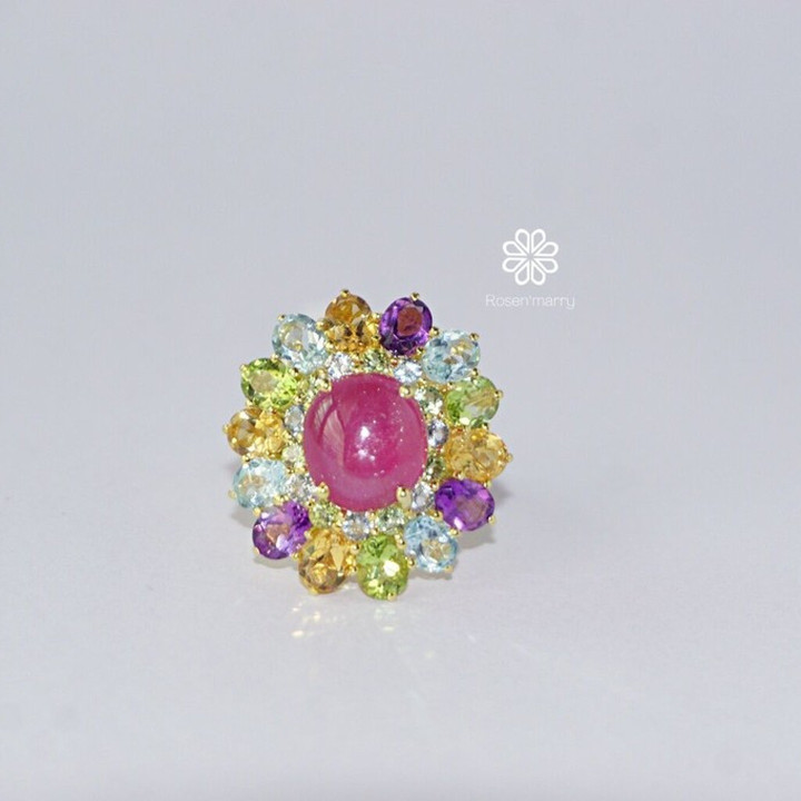 Radiant Ruby and Gemstone Ring (925 Silver, Gold Plated)
