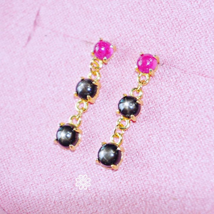 Radiant Rose and Black Star Ruby Dangle Earrings - 925 Silver