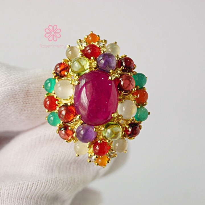 Sparkling Ruby and Gemstone Ring | 40 Carat Sterling Silver Gold Plated