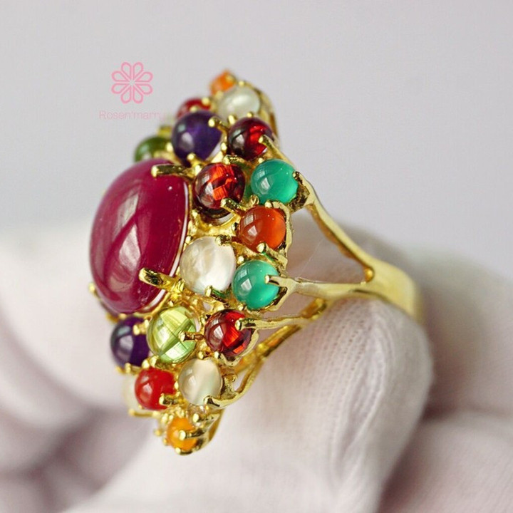 Sparkling Ruby and Gemstone Ring | 40 Carat Sterling Silver Gold Plated