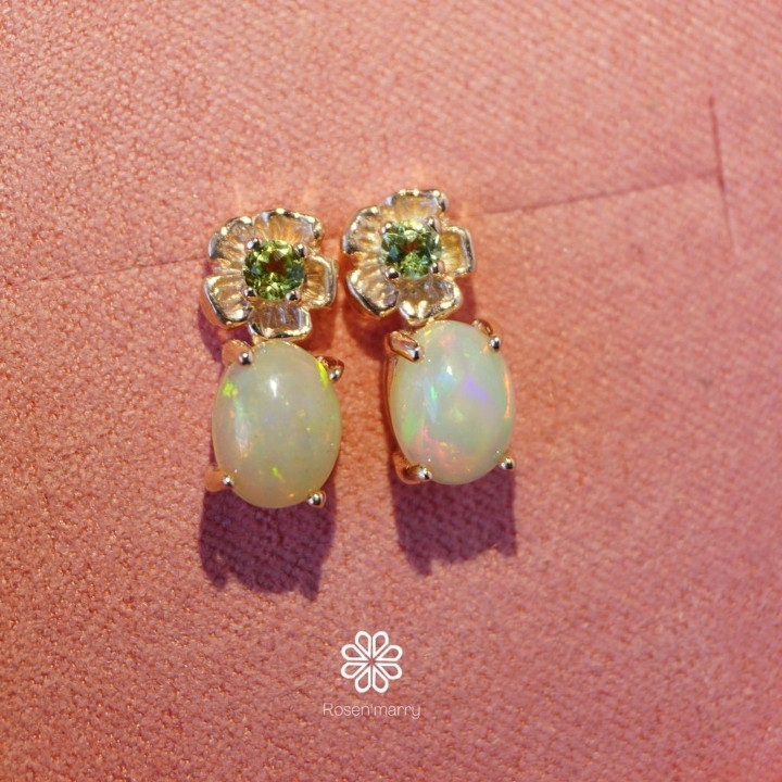 Genuine Opal and Peridot Earrings - Sterling Silver, Pink Gold