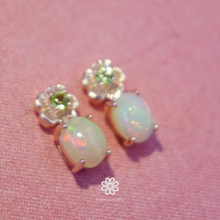 Genuine Opal and Peridot Earrings - Sterling Silver, Pink Gold