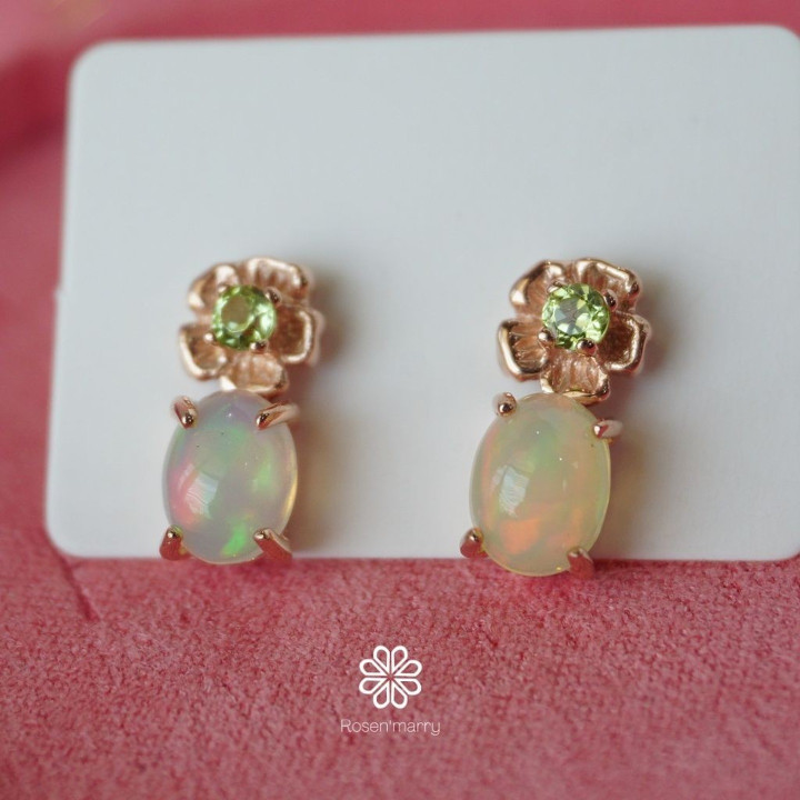 Genuine Opal and Peridot Earrings - Sterling Silver, Pink Gold