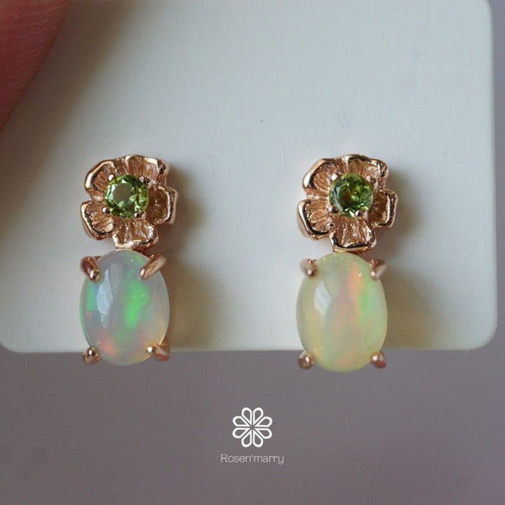 Genuine Opal and Peridot Earrings - Sterling Silver, Pink Gold