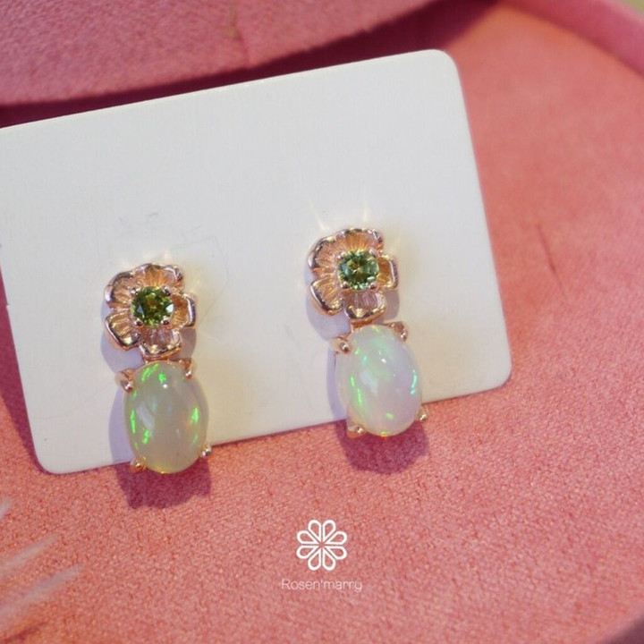 Genuine Opal and Peridot Earrings - Sterling Silver, Pink Gold