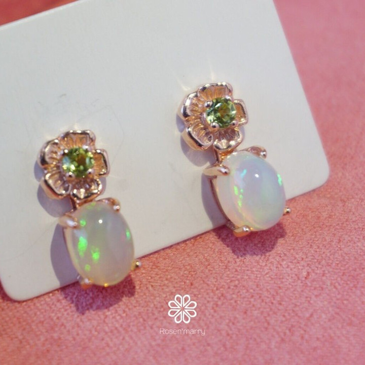 Genuine Opal and Peridot Earrings - Sterling Silver, Pink Gold