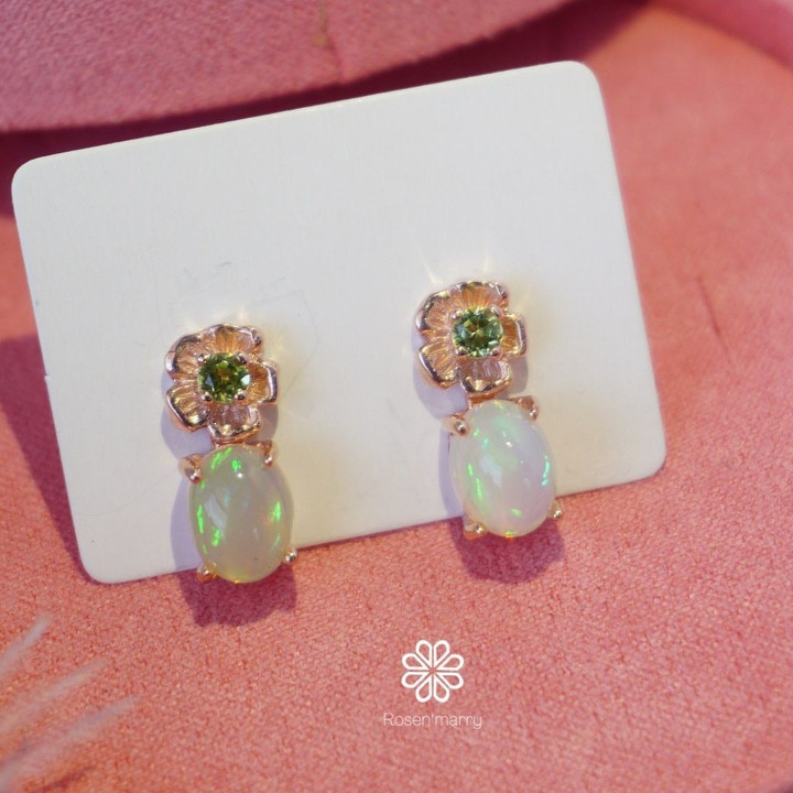Genuine Opal and Peridot Earrings - Sterling Silver, Pink Gold